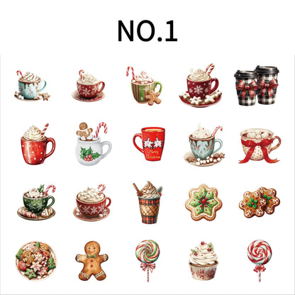 Christmas Theme Sticker NO.1 – 20 stickers with coffee, gingerbread men, lollipops, and other festive elements. Perfect for bullet journals, planners, phone cases, and water bottles. Durable hard card material.