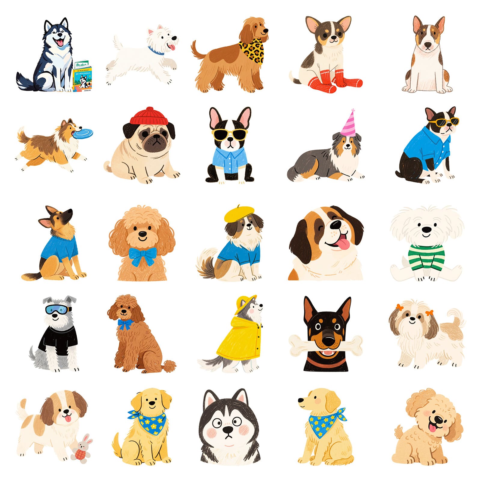 Flat lay of dog sticker pack – 56PCS hand-drawn cartoon dogs