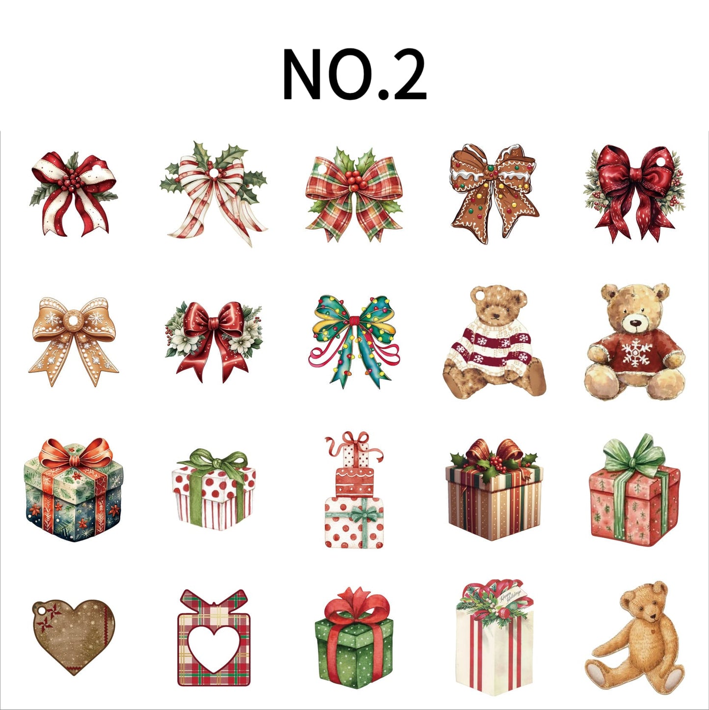 Christmas Theme Sticker NO.2 – 20 stickers featuring bears, Christmas bows, gifts, and festive designs. Great for bullet journals, scrapbooks, phone cases, and notebooks. Sturdy cardstock ensures lasting use.