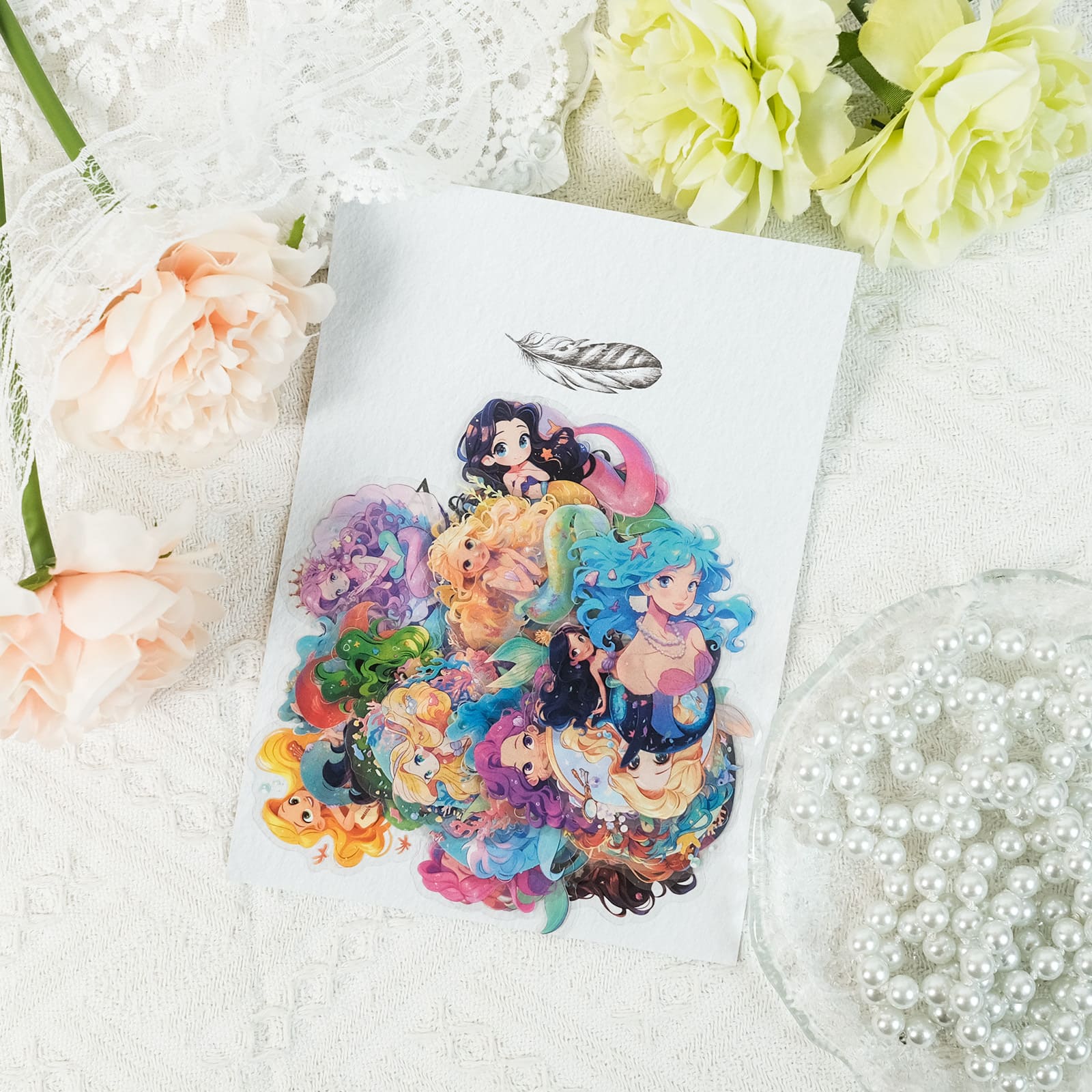 Close-up of colorful mermaid PET stickers for scrapbooking