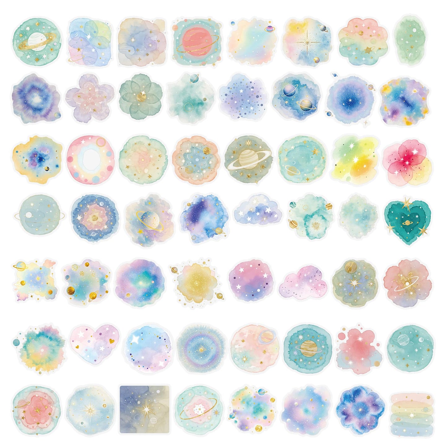 Flat lay of dreamy planet sticker pack – 56 pieces