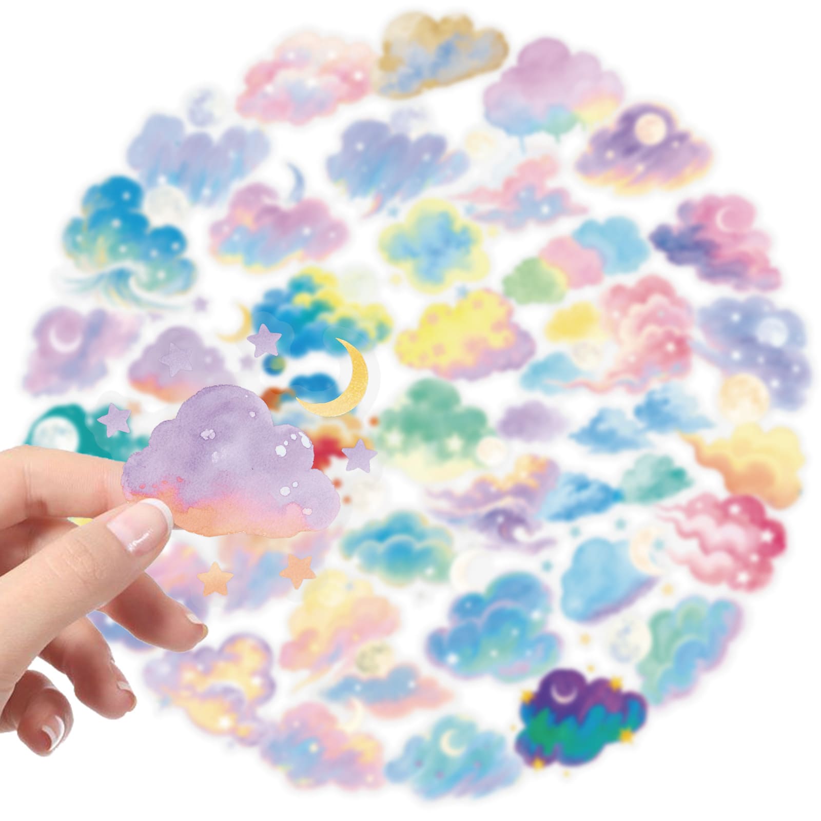 Close-up of aesthetic watercolor cloud journal stickers