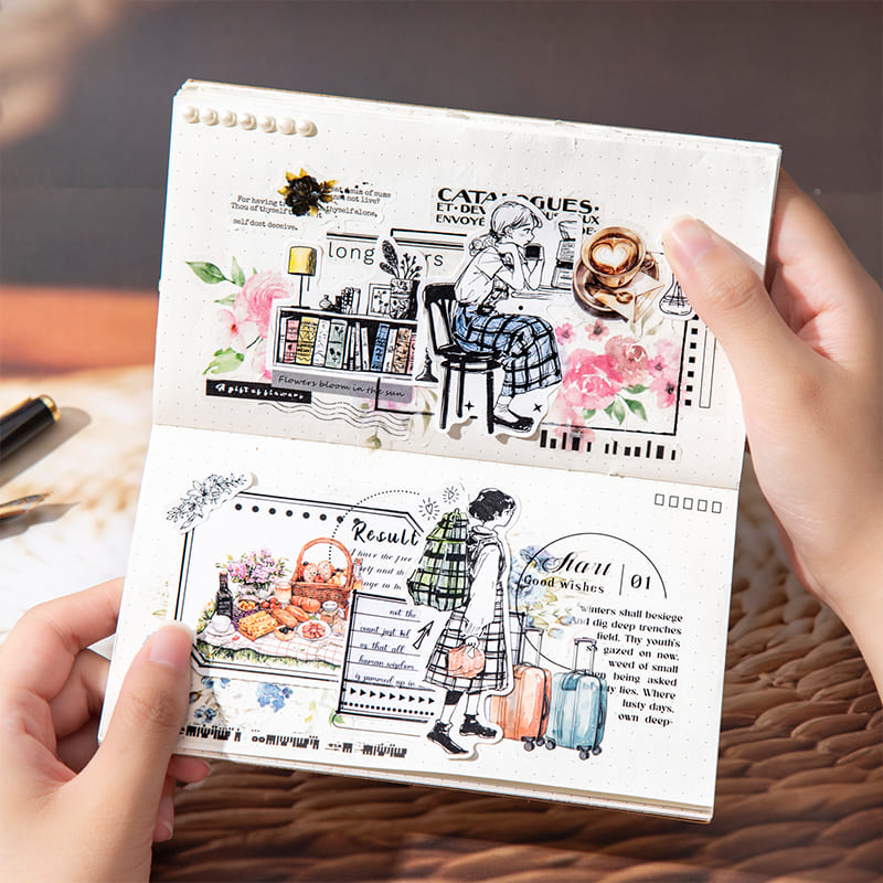 Die-cut characters from the tape shown in a creative scrapbooking layout