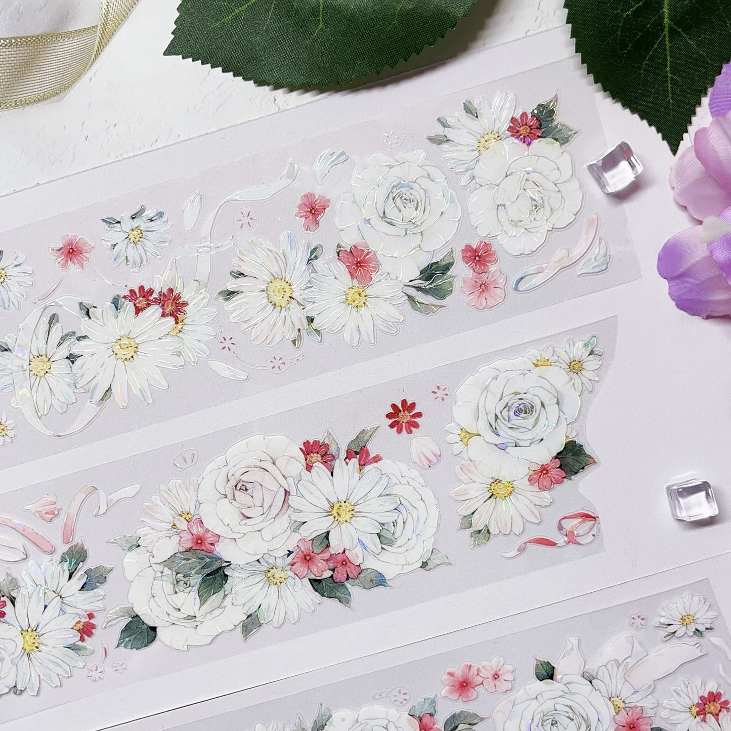 Floral Bloom Die-Cut PET Tape – White & Purple (One Cycle)