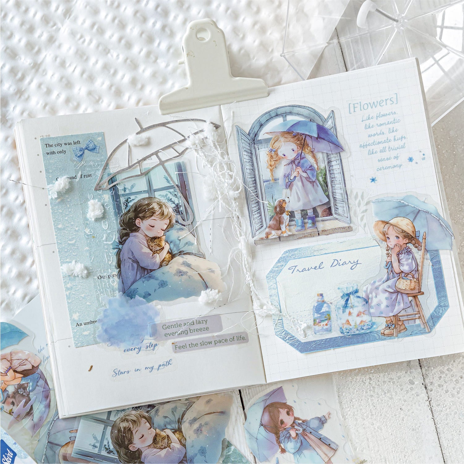 Cute rainy season kids stickers on notebook