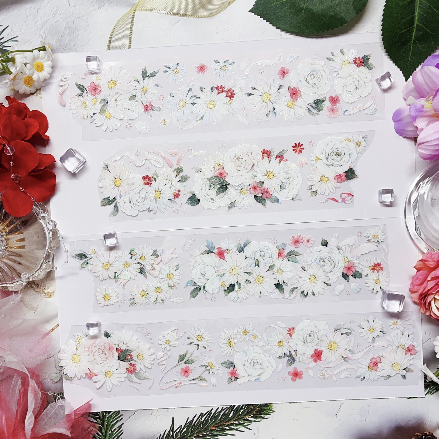 Floral Bloom Die-Cut PET Tape – White & Purple (One Cycle)