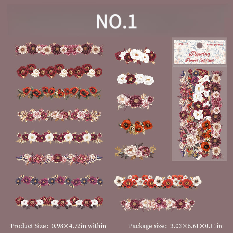 Red floral long strip planner sticker NO.1 – decorative paper sticker for bullet journals, A6/B5 planners, scrapbooks, and mobile cards