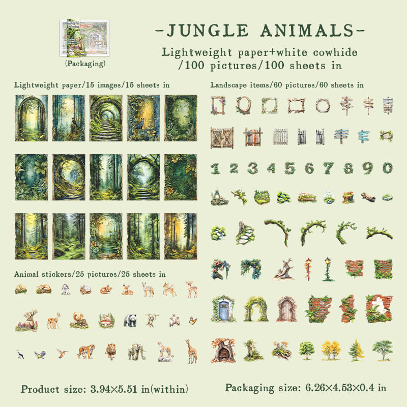 100PCS Jungle Adventure Sticker Set flat lay