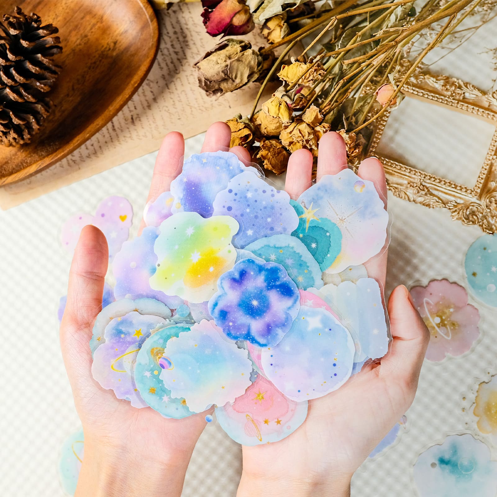 Close-up of galaxy planet stickers PET material