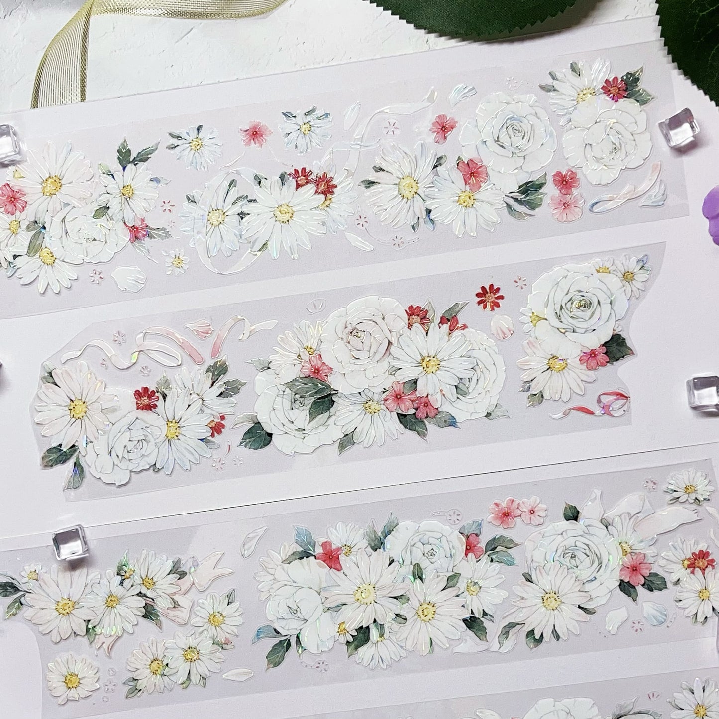 Floral Bloom Die-Cut PET Tape – White & Purple (One Cycle)