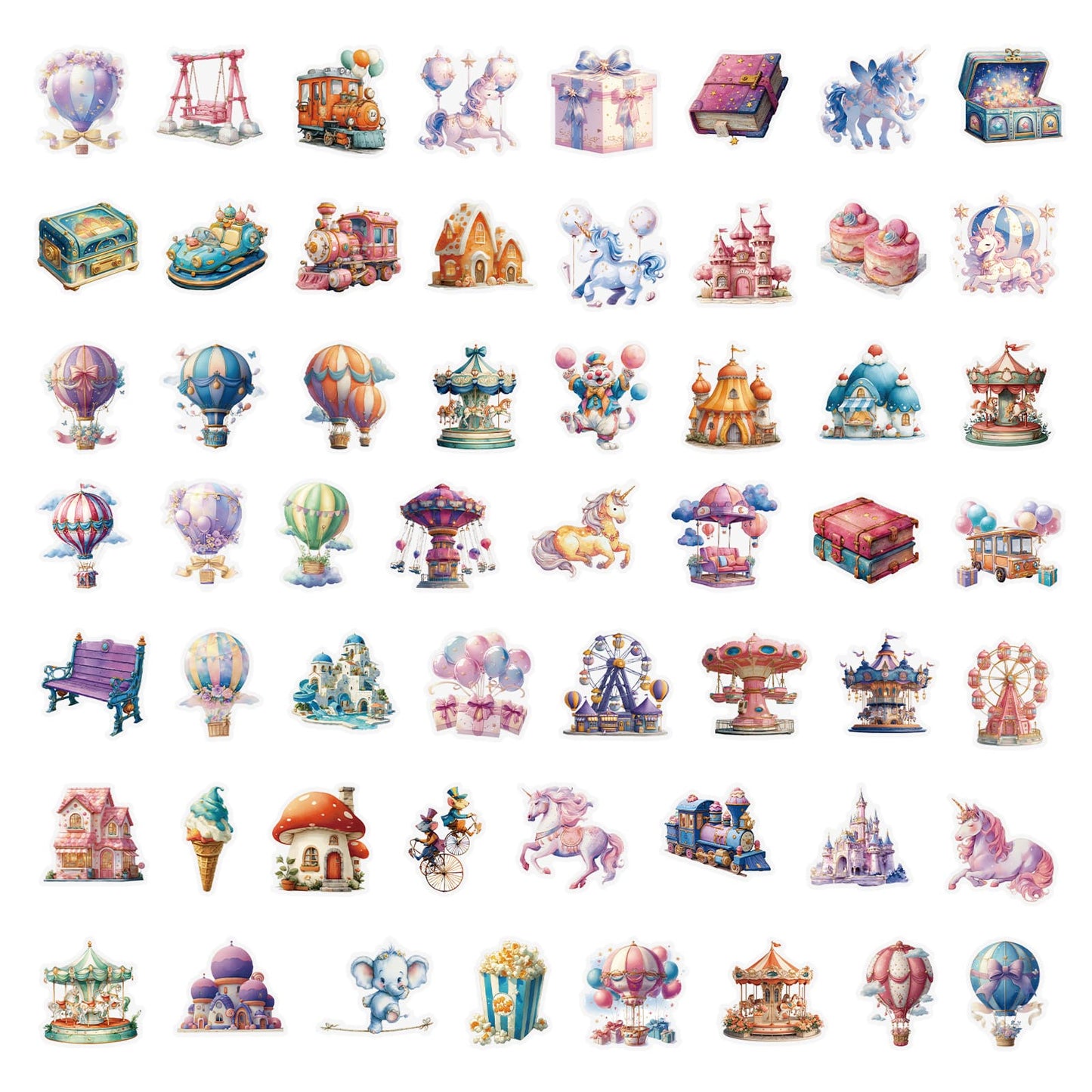 Flat lay of amusement park sticker pack – 56 pieces