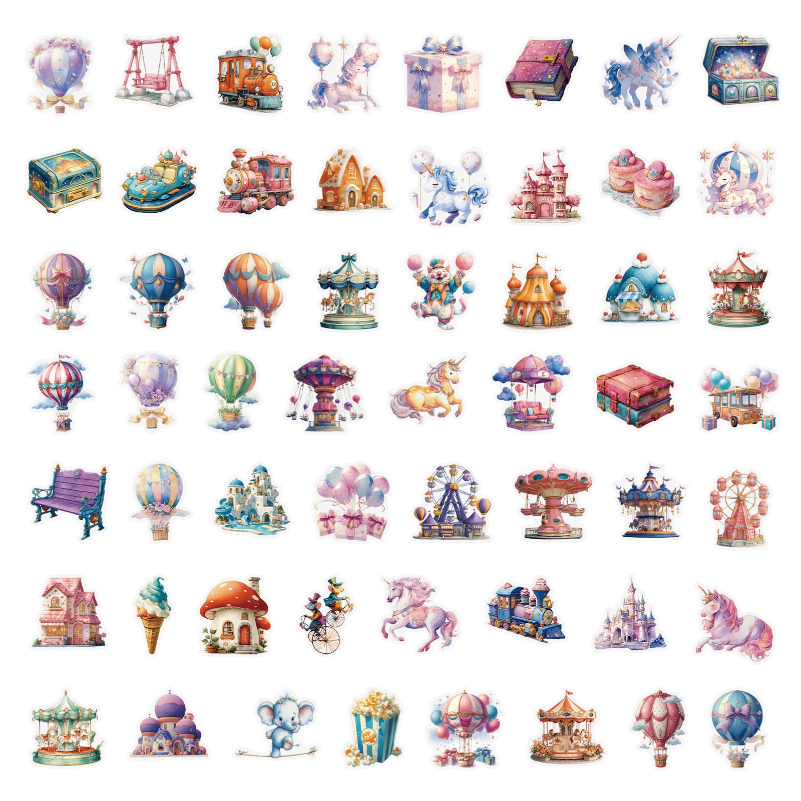 Flat lay of amusement park sticker pack – 56 pieces